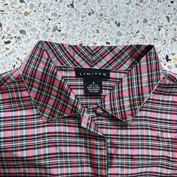 Limited 100% silk holiday red green plaid shirt top button up down small… - Picture 3 of 7